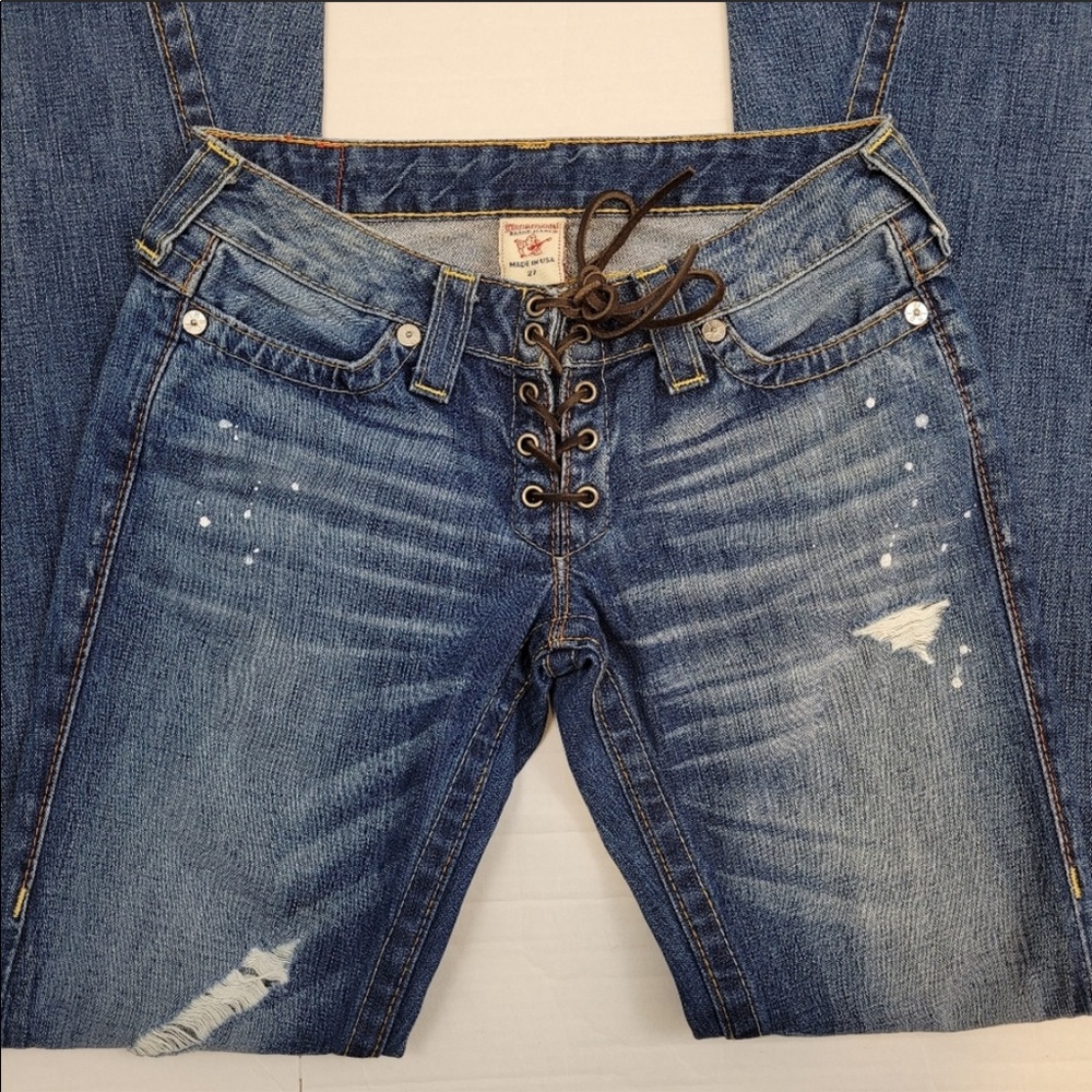 True Religion Blue Distressed Lace-Up Flare Jeans - Picture 2 of 12